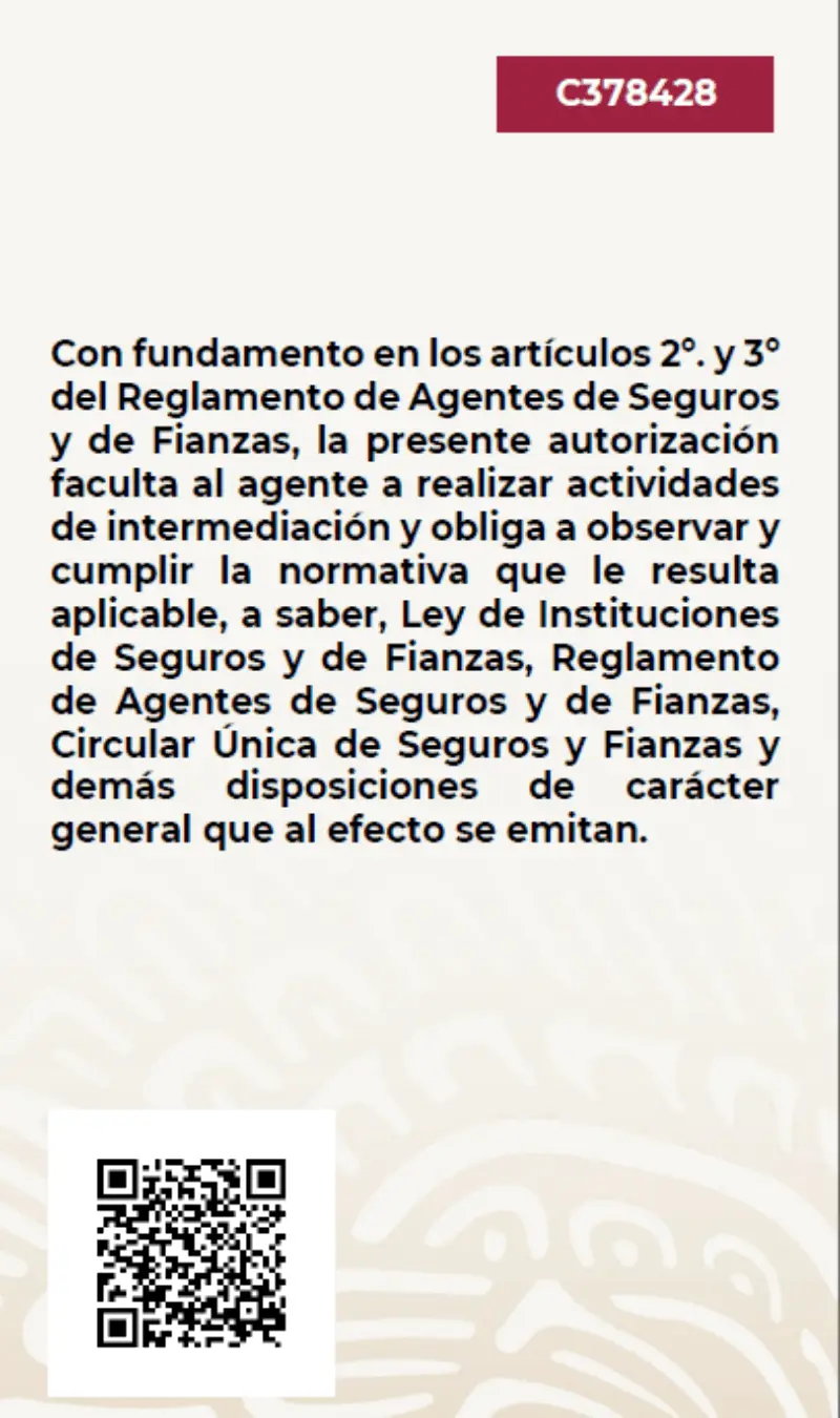 Cédula de agente de seguros de Mauricio Gutiérrez Polo, reverso