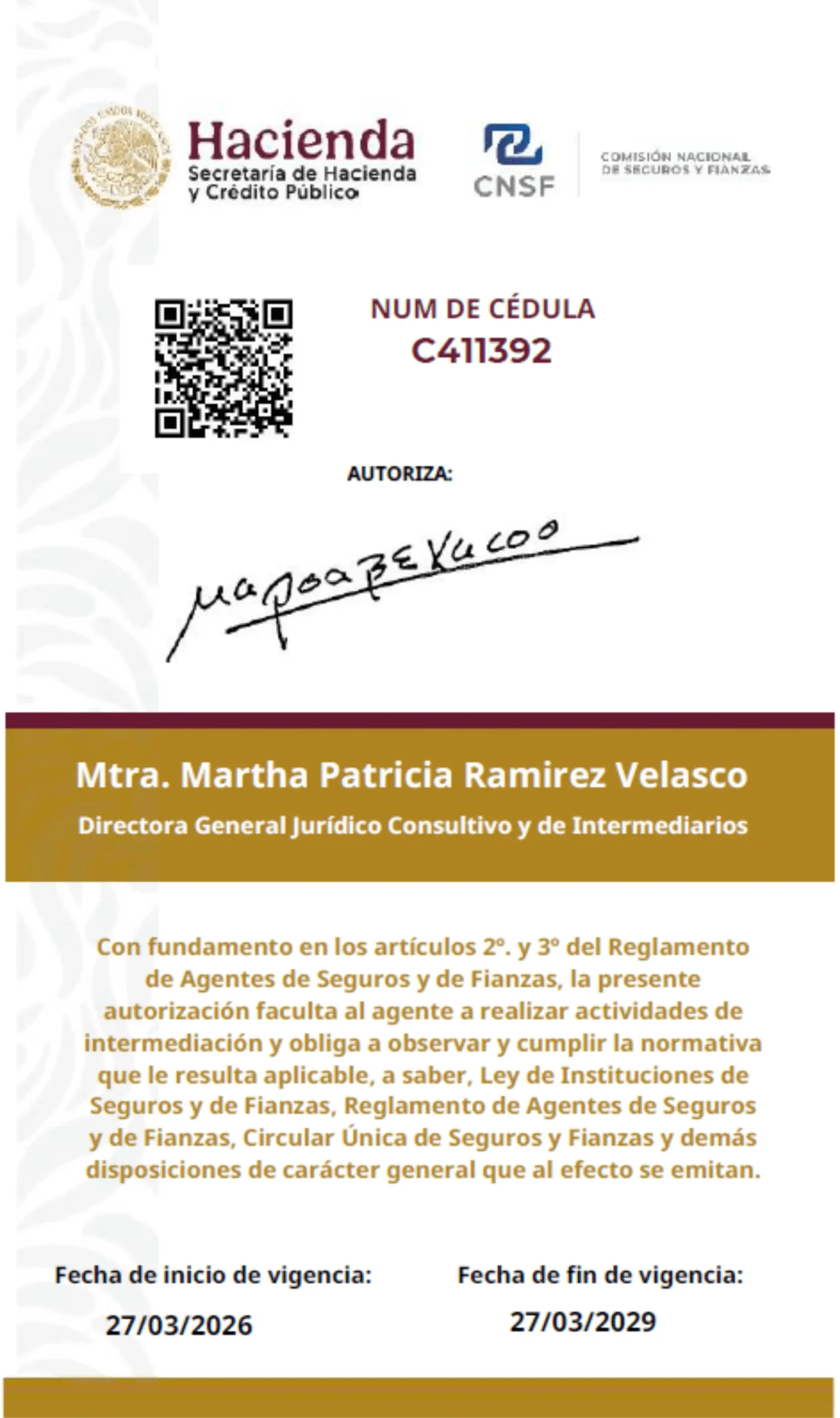 Cédula de agente de seguros de Heriberto Cadena, reverso