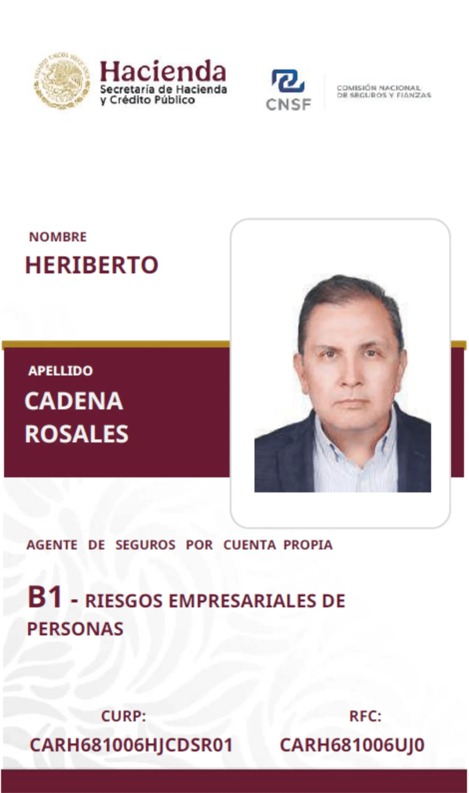 Cédula de agente de seguros de Heriberto Cadena, frente